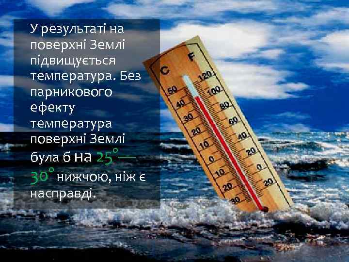 У результаті на поверхні Землі підвищується температура. Без парникового ефекту температура поверхні Землі була