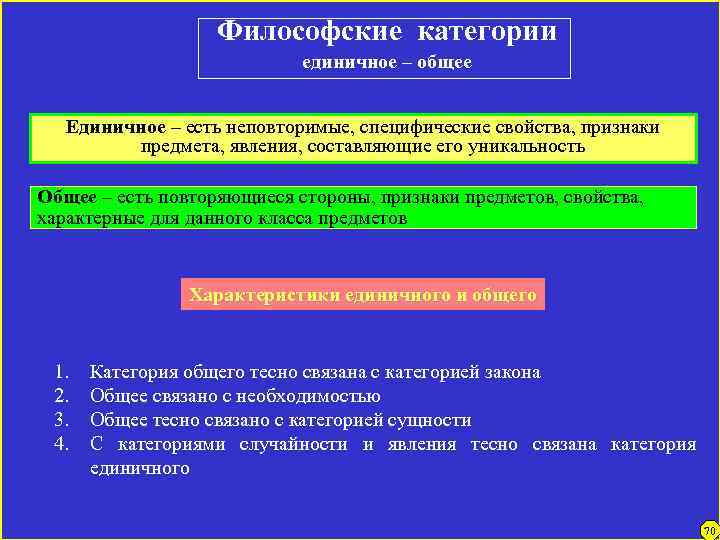 Философские категории единичное – общее Единичное – есть неповторимые, специфические свойства, признаки предмета, явления,