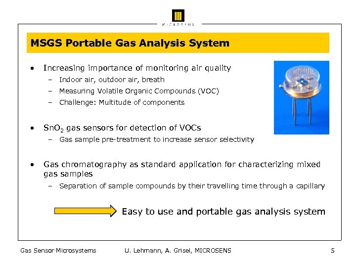 MSGS Portable Gas Analysis System • Increasing importance of monitoring air quality – Indoor