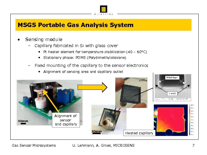 MSGS Portable Gas Analysis System • Sensing module – Capillary fabricated in Si with