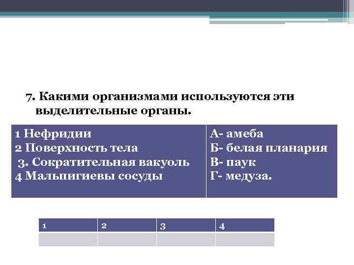 7. Какими организмами используются эти выделительные органы. 1 Нефридии 2 Поверхность тела 3. Сократительная