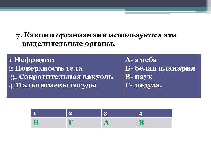 7. Какими организмами используются эти выделительные органы. 1 Нефридии 2 Поверхность тела 3. Сократительная