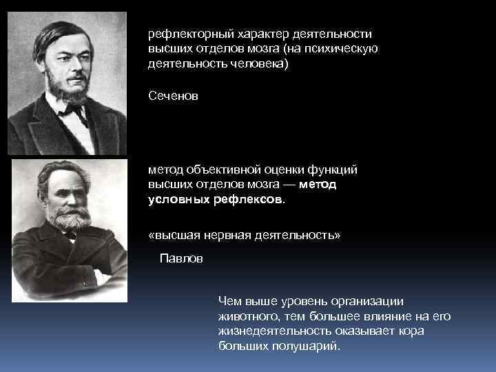 рефлекторный характер деятельности высших отделов мозга (на психическую деятельность человека) Сеченов метод объективной оценки