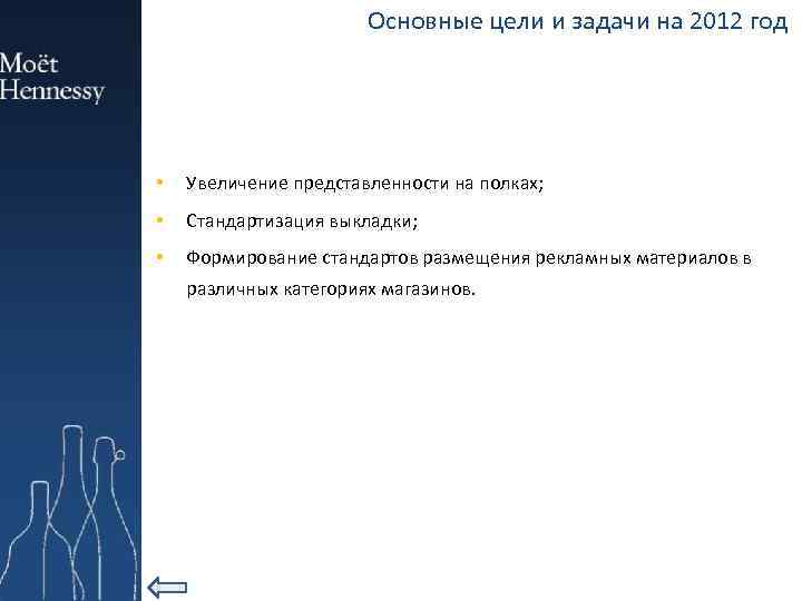 Основные цели и задачи на 2012 год • Увеличение представленности на полках; • Стандартизация