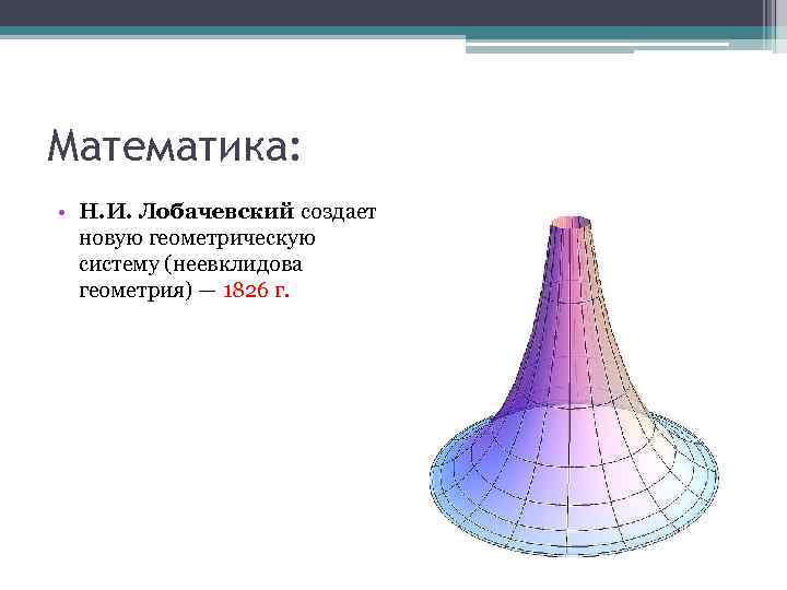 Математика: • Н. И. Лобачевский создает новую геометрическую систему (неевклидова геометрия) — 1826 г.