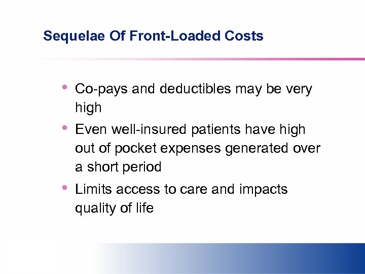 Sequelae Of Front-Loaded Costs • Co-pays and deductibles may be very high • Even