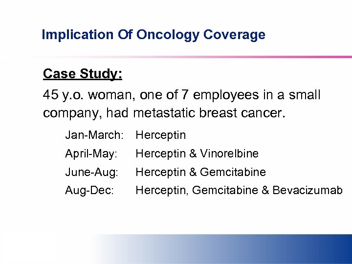 Implication Of Oncology Coverage Case Study: 45 y. o. woman, one of 7 employees