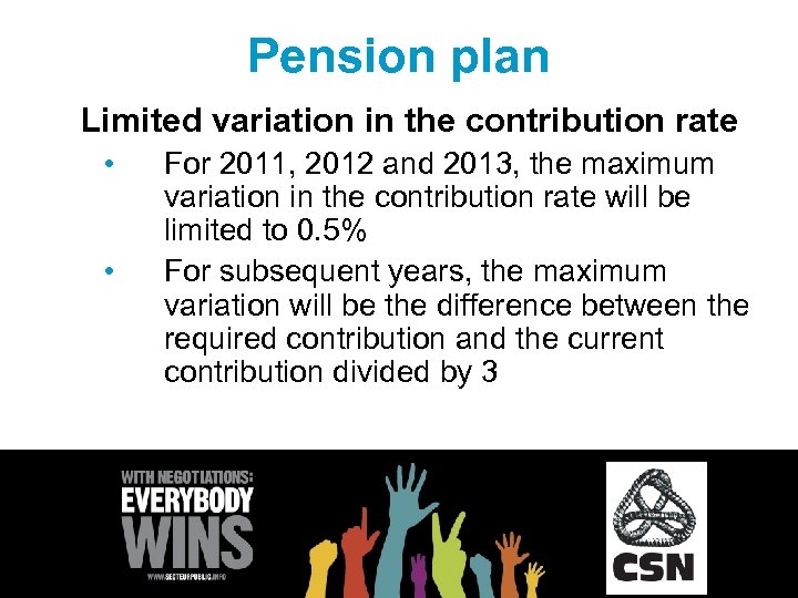 Pension plan Limited variation in the contribution rate • • For 2011, 2012 and