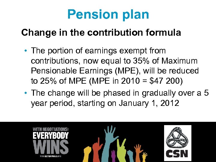 Pension plan Change in the contribution formula • The portion of earnings exempt from