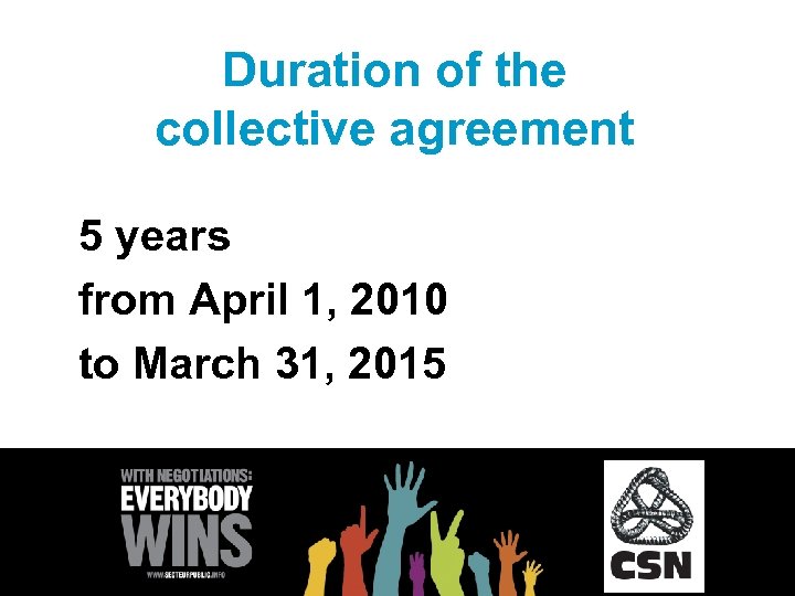 Duration of the collective agreement 5 years from April 1, 2010 to March 31,