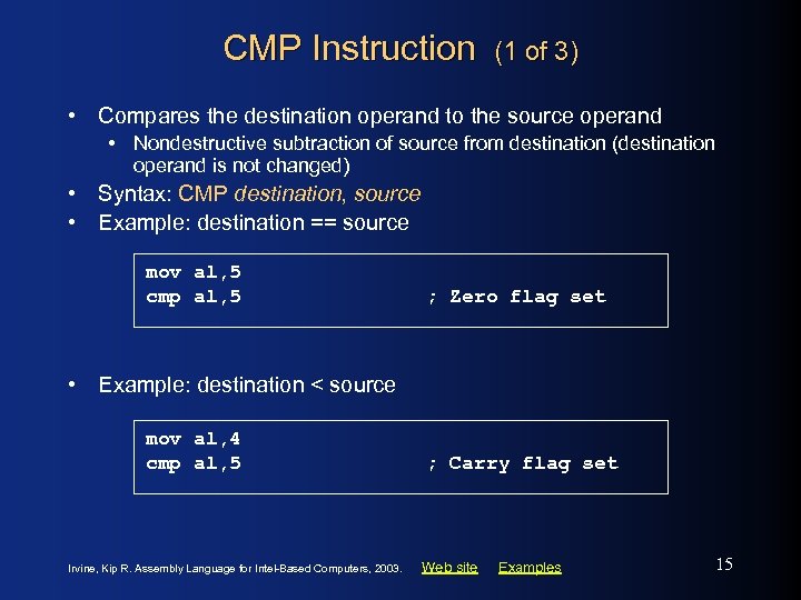 CMP Instruction (1 of 3) • Compares the destination operand to the source operand