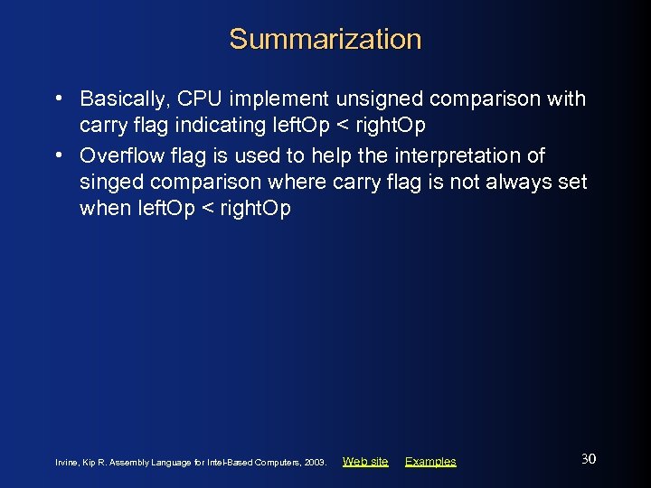 Summarization • Basically, CPU implement unsigned comparison with carry flag indicating left. Op <