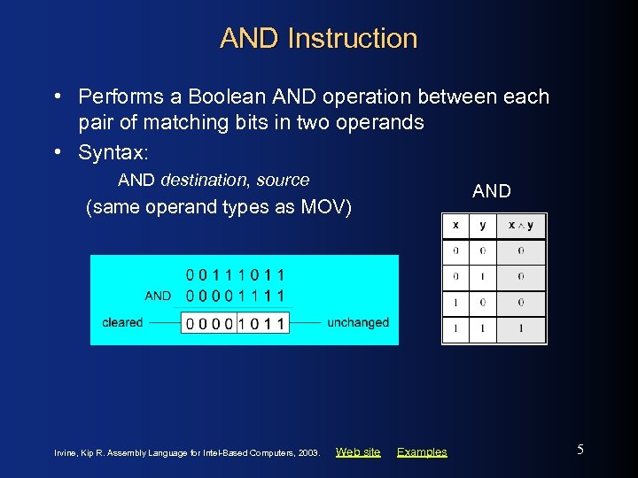 AND Instruction • Performs a Boolean AND operation between each pair of matching bits