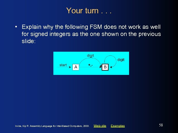 Your turn. . . • Explain why the following FSM does not work as