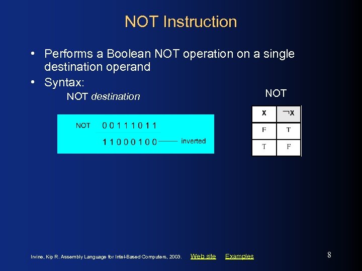 NOT Instruction • Performs a Boolean NOT operation on a single destination operand •