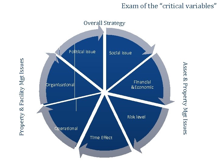 Exam of the “critical variables” Overall Strategy Social Issue Financial &Economic Organizational Risk level