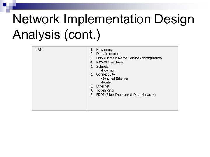 Network Implementation Design Analysis (cont. ) LAN 1. How many 2. Domain names 3.