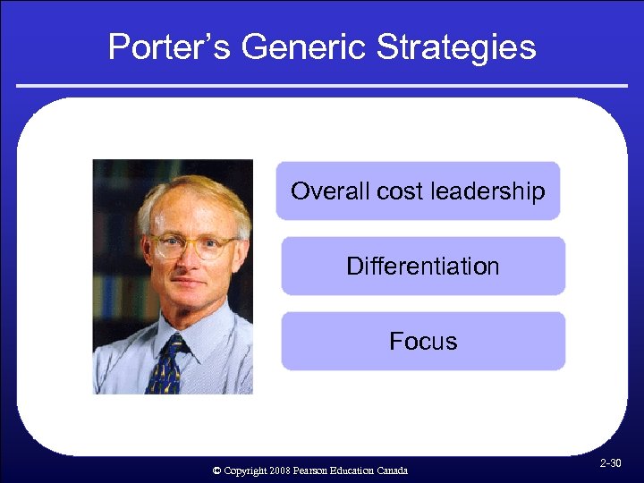 Porter’s Generic Strategies Overall cost leadership Differentiation Focus © Copyright 2008 Pearson Education Canada