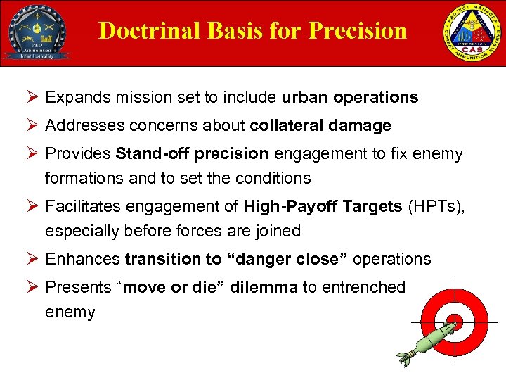 Doctrinal Basis for Precision Ø Expands mission set to include urban operations Ø Addresses