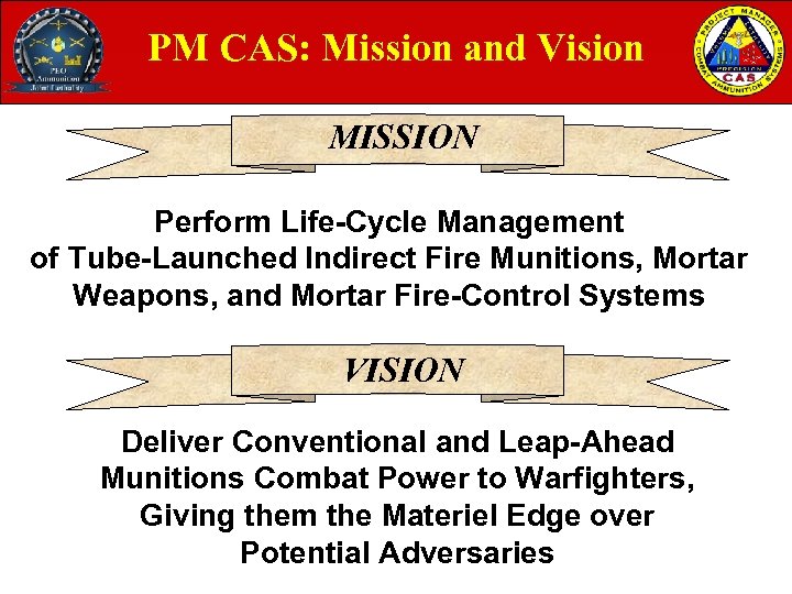 PM CAS: Mission and Vision MISSION Perform Life-Cycle Management of Tube-Launched Indirect Fire Munitions,