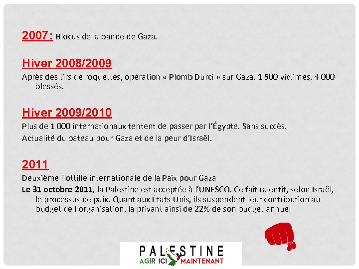 2007: Blocus de la bande de Gaza. Hiver 2008/2009 Après des tirs de roquettes,
