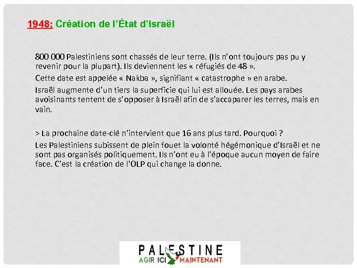 1948: Création de l’État d’Israël 800 000 Palestiniens sont chassés de leur terre. (Ils