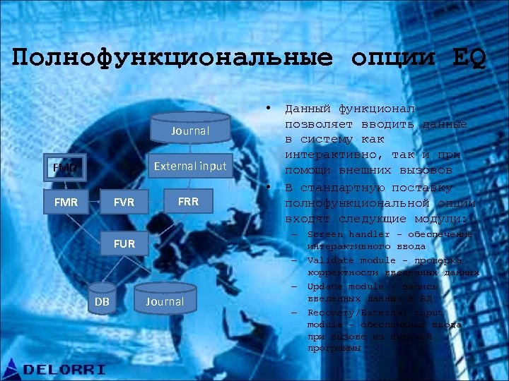 Полнофункциональные опции EQ • Journal External input FMD FMR FVR FRR FUR DB Journal