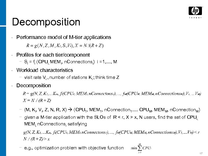 Decomposition • Performance model of M-tier applications • Profiles for each tier/component − Si