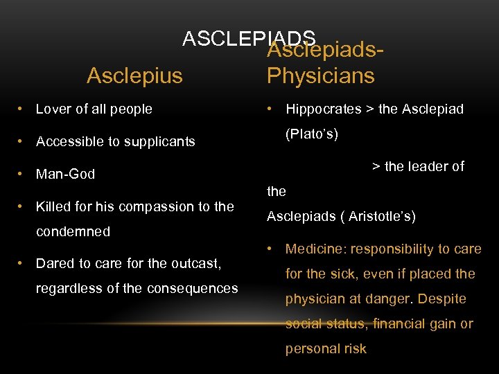 ASCLEPIADS Asclepius • Lover of all people • Accessible to supplicants Asclepiads. Physicians •