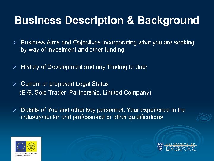 Business Description & Background Ø Business Aims and Objectives incorporating what you are seeking