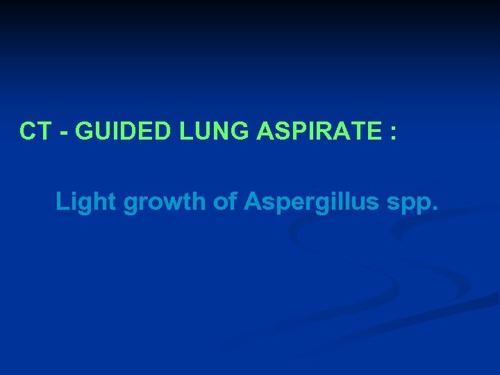 CT - GUIDED LUNG ASPIRATE : Light growth of Aspergillus spp. 