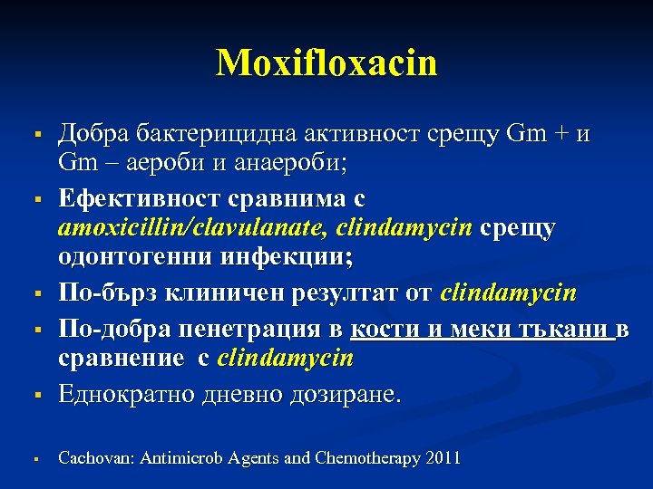 Moxifloxacin Добра бактерицидна активност срещу Gm + и Gm – аероби и анаероби; Ефективност