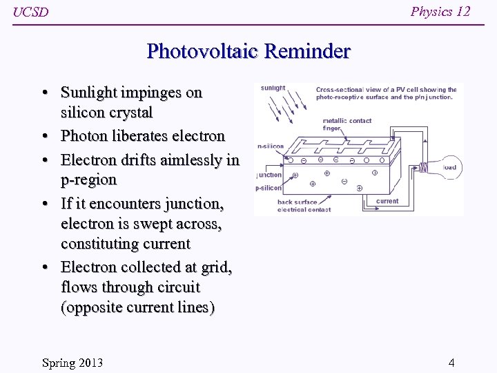 Physics 12 UCSD Photovoltaic Reminder • Sunlight impinges on silicon crystal • Photon liberates