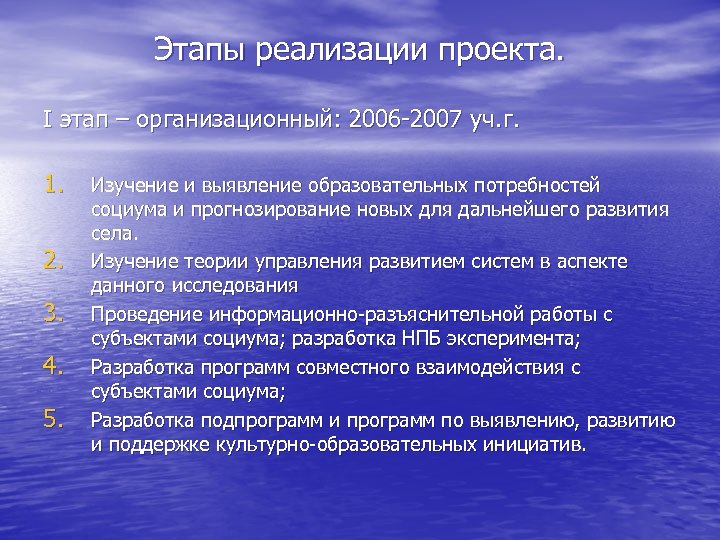 Этапы реализации проекта. I этап – организационный: 2006 -2007 уч. г. 1. 2. 3.