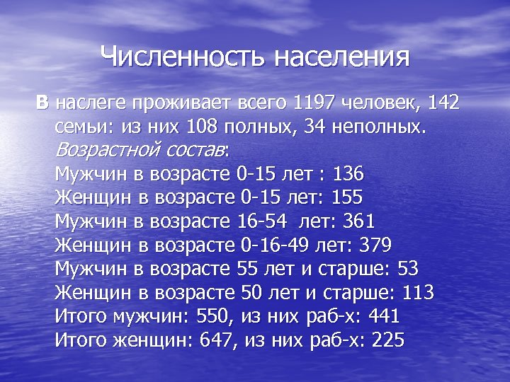 Численность населения В наслеге проживает всего 1197 человек, 142 семьи: из них 108 полных,