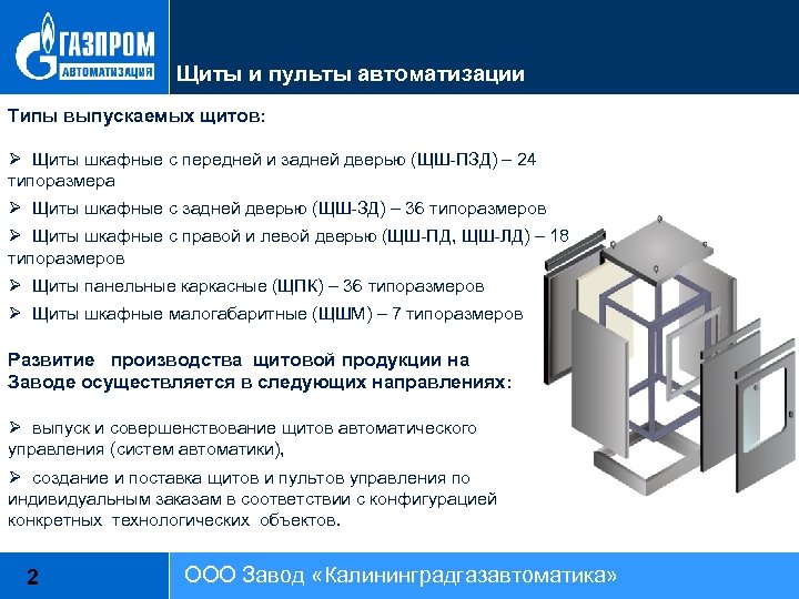 Щиты и пульты автоматизации Типы выпускаемых щитов: Ø Щиты шкафные с передней и задней