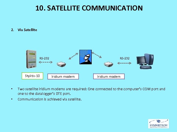 10. SATELLITE COMMUNICATION 2. Via Satellite RS-232 Stylitis-10 • • RS-232 Iridium modem Two