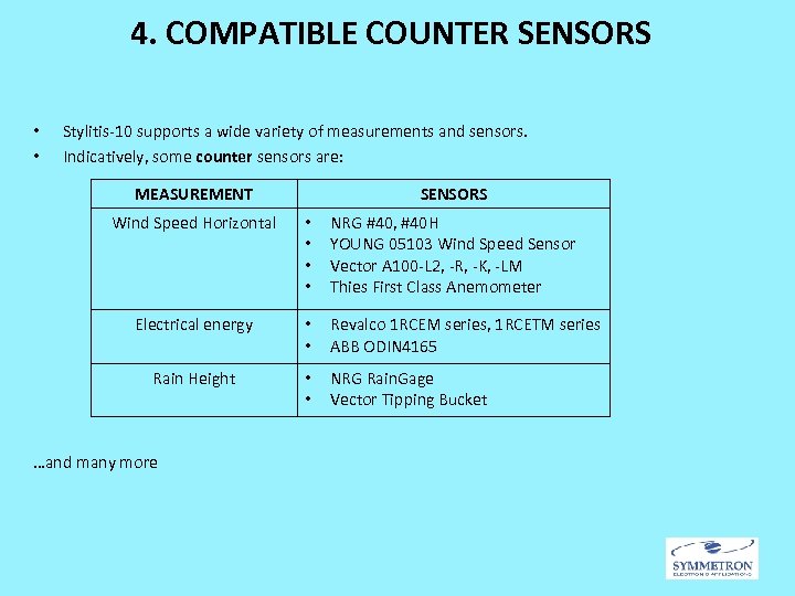 4. COMPATIBLE COUNTER SENSORS • • Stylitis-10 supports a wide variety of measurements and