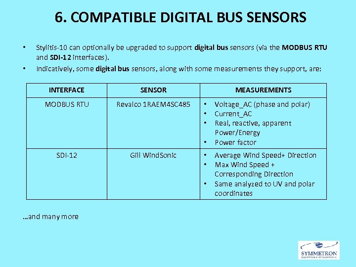 6. COMPATIBLE DIGITAL BUS SENSORS • • Stylitis-10 can optionally be upgraded to support