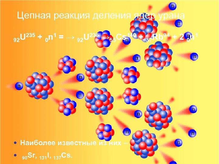 Цепная реакция деления ядер урана n 1 = → U 236 → Cs 140