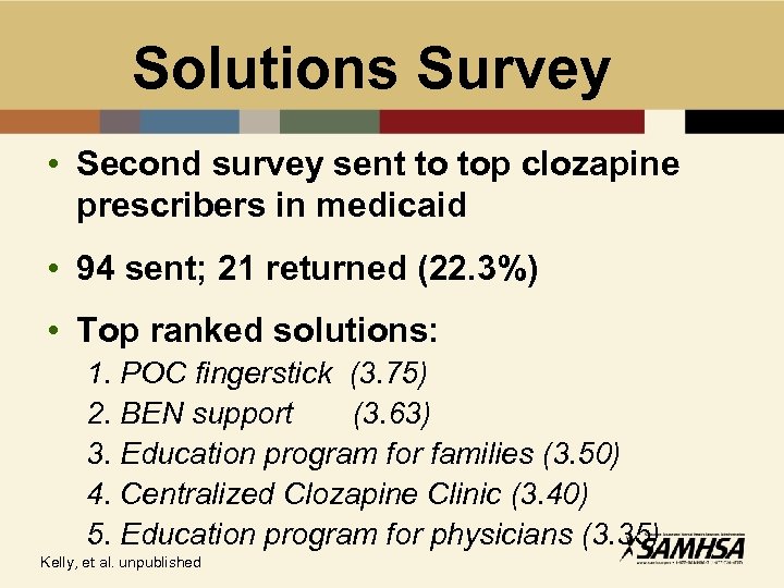 Solutions Survey • Second survey sent to top clozapine prescribers in medicaid • 94