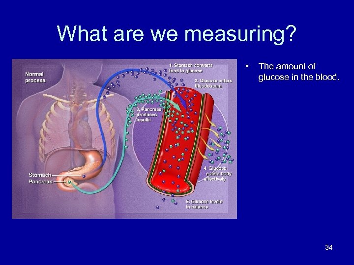 What are we measuring? • The amount of glucose in the blood. 34 