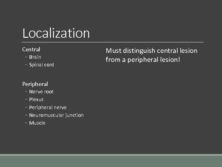 Localization Central ◦ Brain ◦ Spinal cord Peripheral ◦ ◦ ◦ Nerve root Plexus