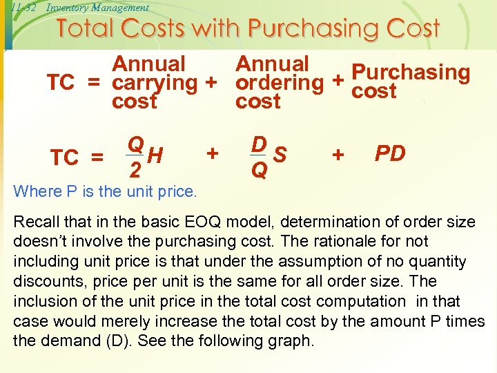 11 -32 Inventory Management Total Costs with Purchasing Cost Annual + Purchasing TC =