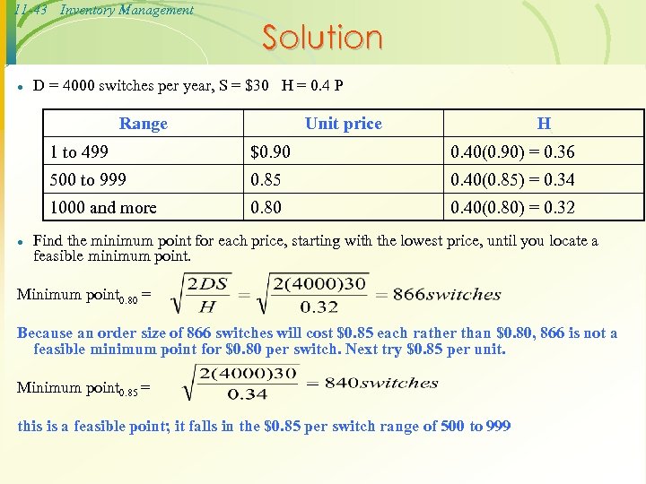 11 -43 Inventory Management · Solution D = 4000 switches per year, S =