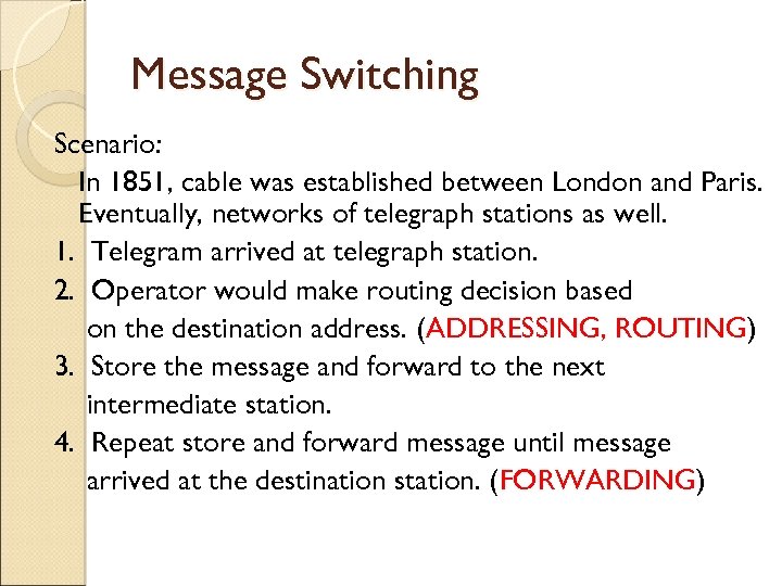 Message Switching Scenario: In 1851, cable was established between London and Paris. Eventually, networks
