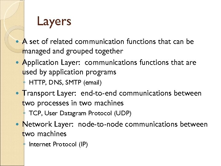 Layers A set of related communication functions that can be managed and grouped together