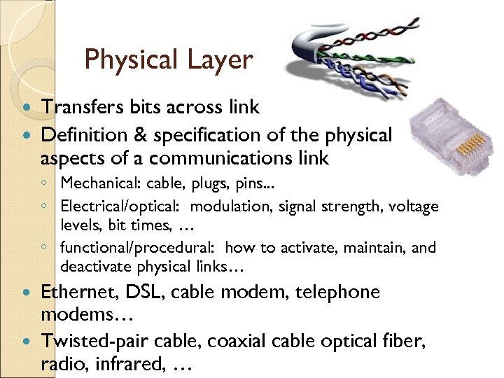 Physical Layer Transfers bits across link Definition & specification of the physical aspects of
