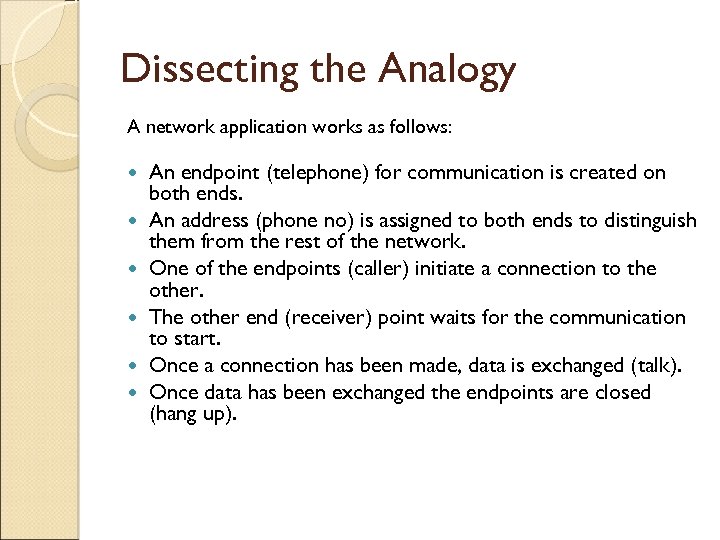 Dissecting the Analogy A network application works as follows: An endpoint (telephone) for communication