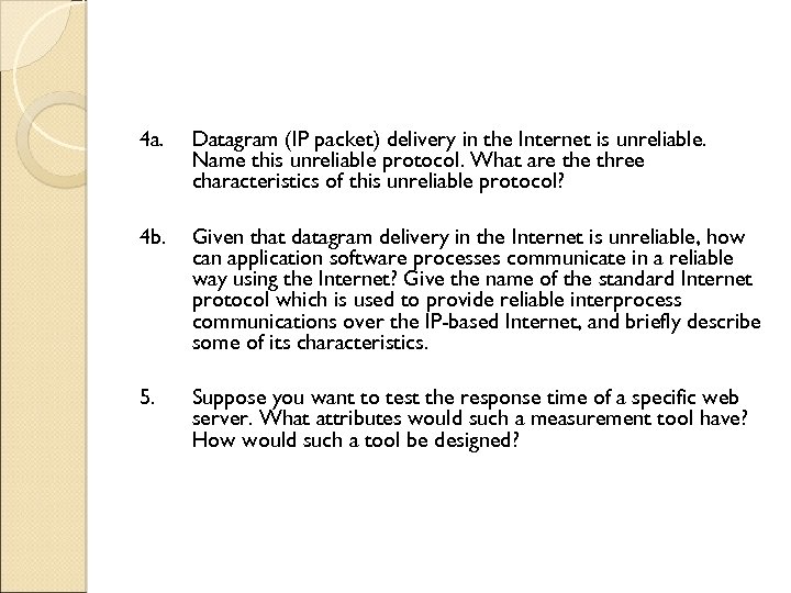 4 a. Datagram (IP packet) delivery in the Internet is unreliable. Name this unreliable
